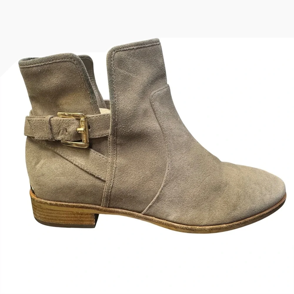 Michael Kors Taupe Suede Ankle Boots Buckle Strap Low Heel Booties Womens 8M